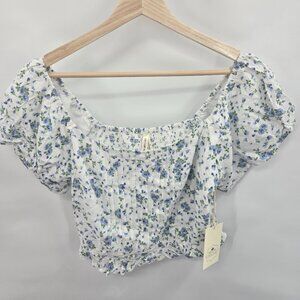 Moon Orchid White Blue Floral Rayon Puff Sleeve Off Shoulder Cropped Top Medium